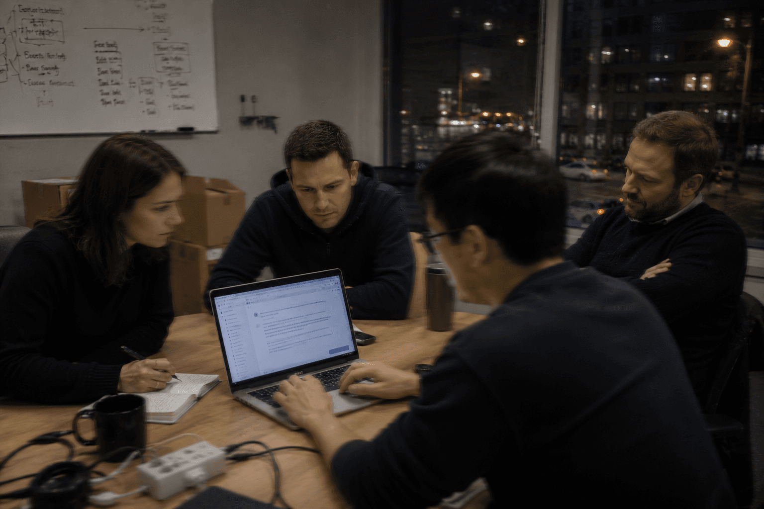 A small product team gathered around a laptop reacting to an AI demo in a minimal modern studio at dusk, restrained interest on their faces, the office floor visible behind them.