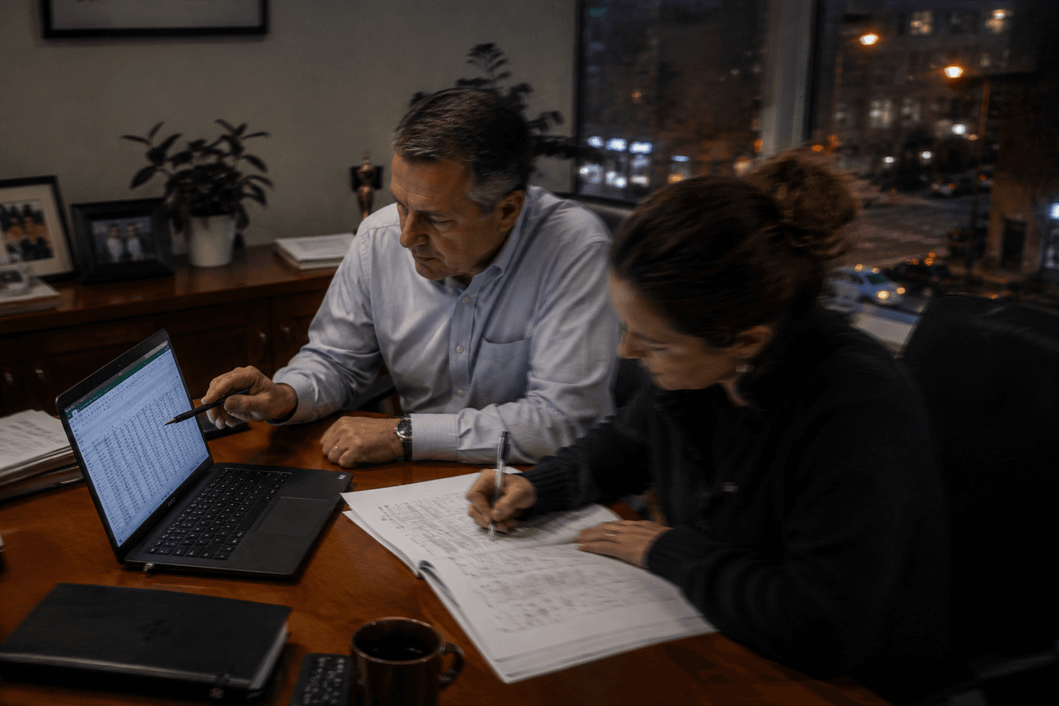 A CFO and a senior analyst at a desk reviewing a printed budget pack and a laptop spreadsheet at dusk, in a real corporate office with the city street and lit office windows visible behind.