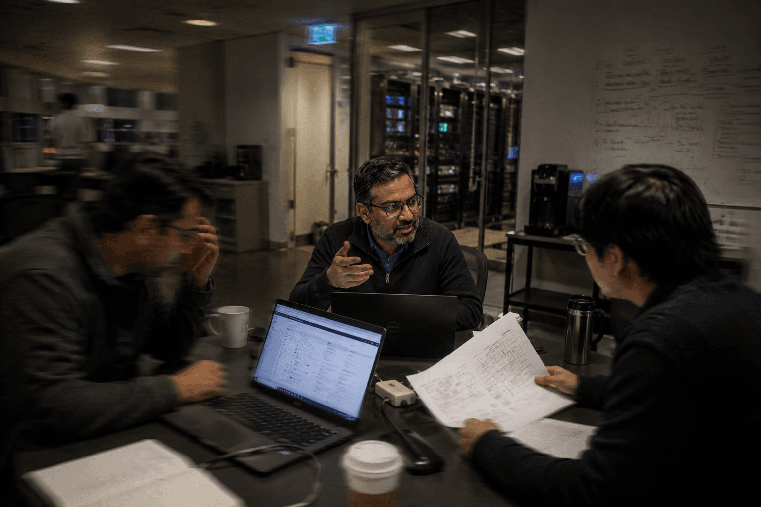 A CIO and two engineers working around a laptop on a real office desk at dusk, reviewing an architecture diagram on screen with printed pages beside them, the building's open-plan floor visible behind.