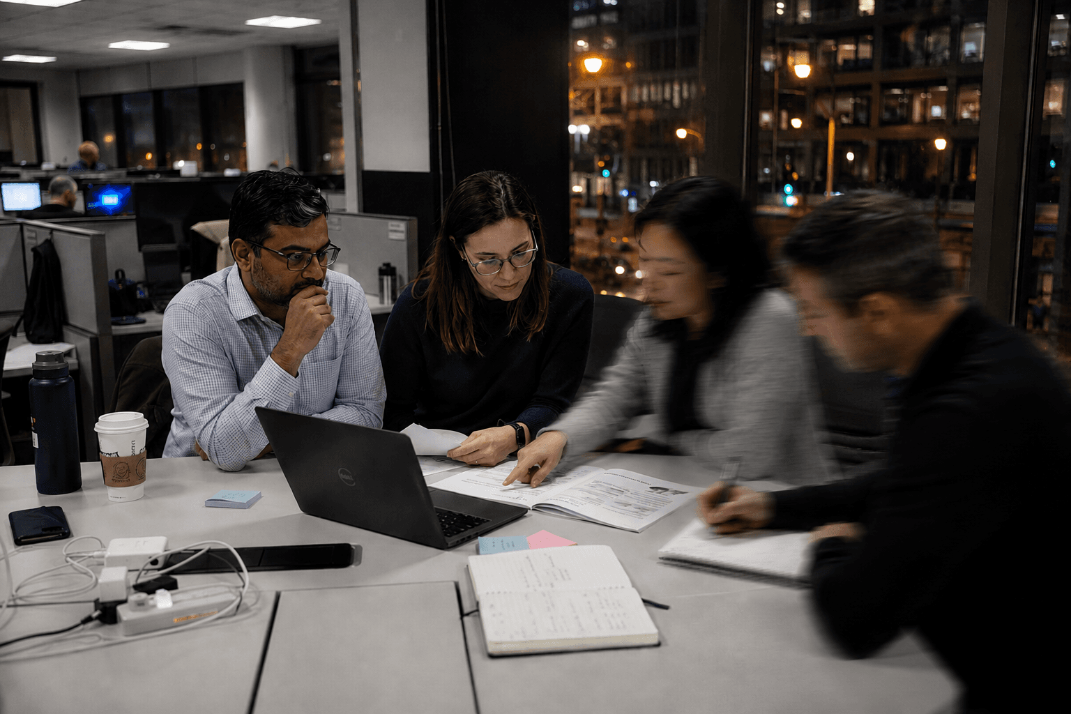 A procurement team of four working late around a laptop and a printed vendor proposal, in a real corporate office at dusk with the city street and lit office windows visible through the glass behind them.