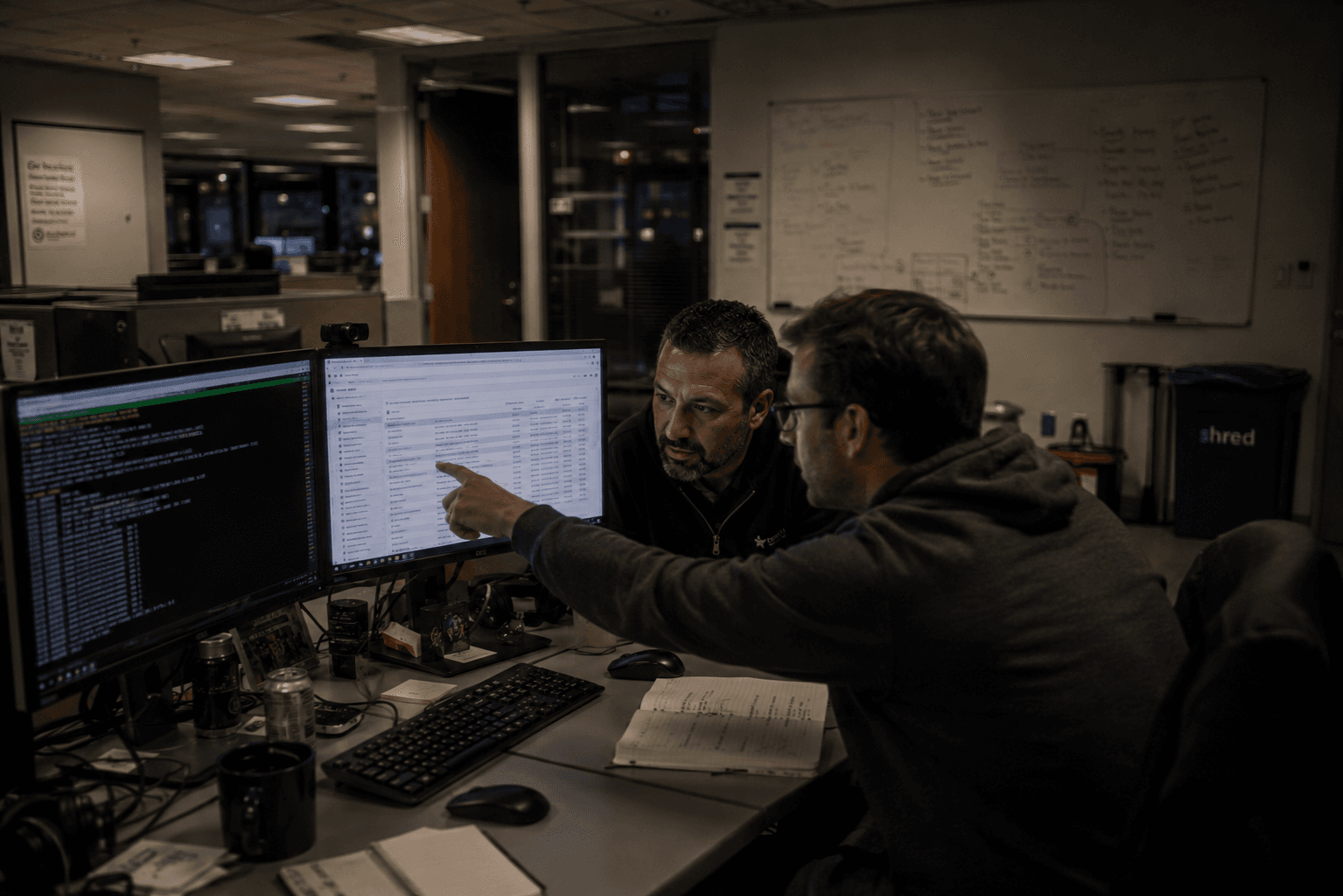 A CISO and a security engineer at a desk after hours, leaning in over monitors with logs and a normal terminal window, the muted office floor behind them, alert and quiet.
