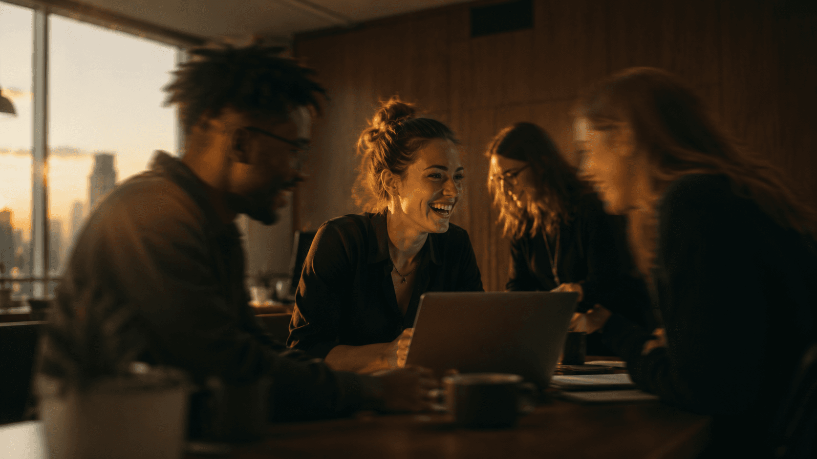 A small team gathered around a laptop at golden hour, mid-conversation, the city skyline beyond the window.